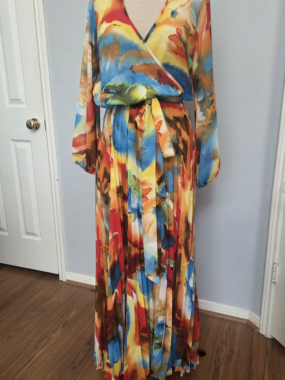 Multicolor Watercolor Wrap Maxi Dress with Tie Waist